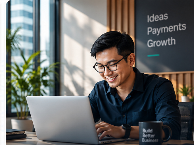 Business owner reviewing payments on a laptop