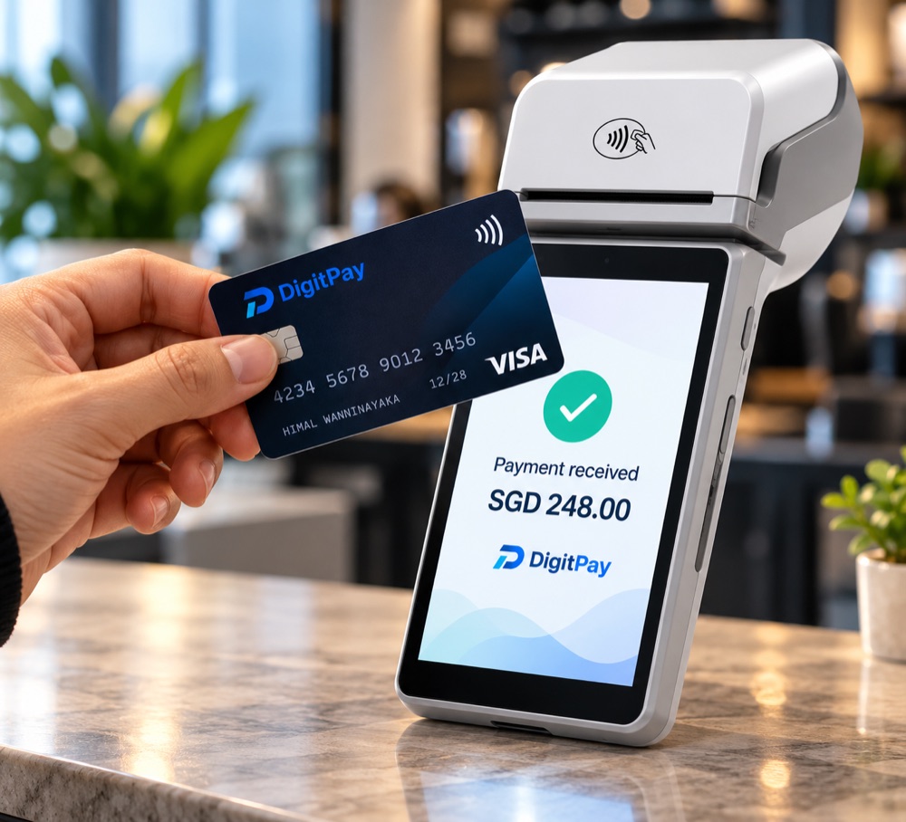 DigitPay card tapped on a payment terminal showing payment received