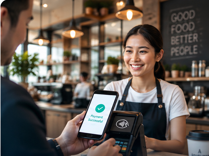 Customer paying by phone at a cafe counter