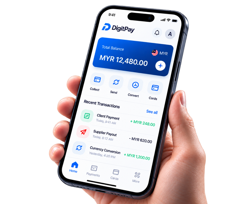 DigitPay app showing a MYR total balance and recent transactions