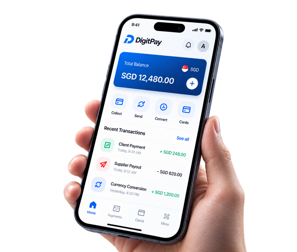 DigitPay app showing a SGD total balance and recent transactions